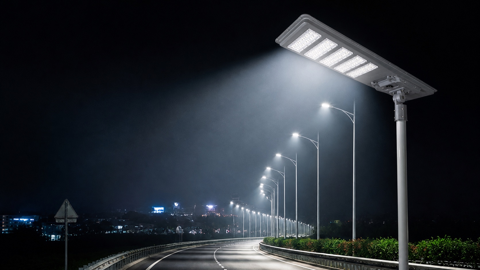Luminaria solar All in One proyectando luz sobre una carretera iluminada