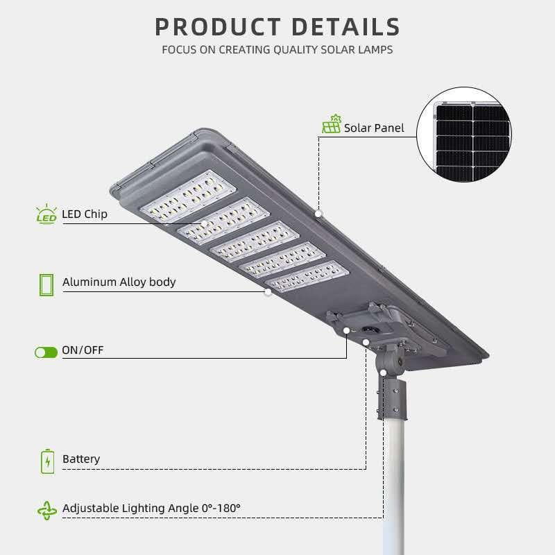 Ficha técnica de luminaria solar All in One con detalle de componentes